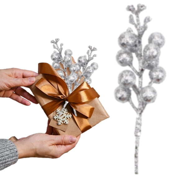 SMKE Christmas Glitter Berries Stems,Artificial Christmas Picks Sprays For Christmas Tree Ornaments,Filler Branches Holiday Wreath Garland Decorations,Diy Wreath,Crafts,Holiday Home Decor Silver