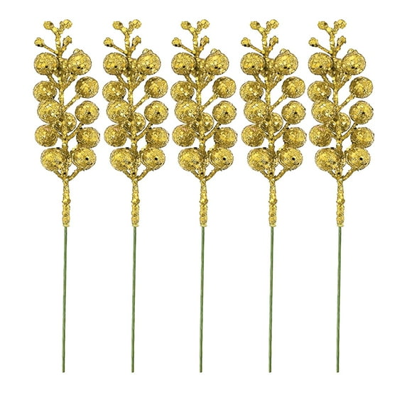 SMKE Christmas Glitter Berries Stems,Faux Winter Berry Sprig,Artificial Xmas Pick,Sparkling Berry Stems & Glitter Tree Pick For Xmas Ornaments,Diy Wreaths,Holiday & Home Decor Gold 5Pc With Wire