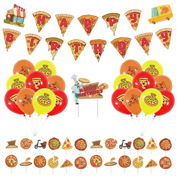 ERTZAE Complete Pizza Party Kit - 1 Banner,24 Cupcake Toppers,1 Cake Topper & 18 Balloons,Party Decor Complete Set,Pizza Themed Birthday Decorations Set - Banner & Cake Toppers for Party Supplies