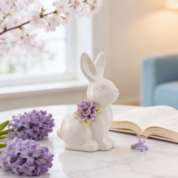 SMKE Cute Porcelain Bunny Decor,White Bunny With Purple Flower,Cute Floral Ceramic Figurine For Home & Office,Cute Porcelain Rabbit Ornaments,Tea Pet Figurines,Home Tea Ceremony Decor,Craft Lovers