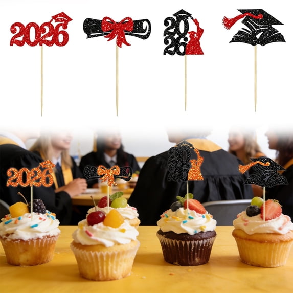 SMKE Diploma Cupcake Toppers,Grad Cupcake Decor Set,Graduation Pre Assembled Decor,Class 2026 Picks,24-Pack Glitter Graduation Cupcake Toppers,Red 2x4-In Diploma & Cap Picks for Commencement Party