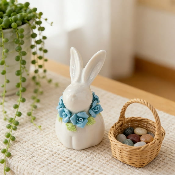 SMKE Easter Bunny Decorations,White Bunny With Blue Flower,Creative Handmade Ceramic Ornament For Gifting & Display,Ceramic Rabbit Statue,Spring Easter Home Decor,Porcelain Bunny Figurine Ornament