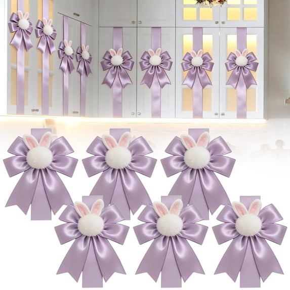 SMKE Easter Cabinet Bow Decor,Spring Holiday Door Bow with Bunny Ear,Festive Ribbon Accent,6PCS Large Easter Ribbon Bows 40 Inch Linen Bunny Print for Cabinet Door Wreath Home Holiday Spring Decor