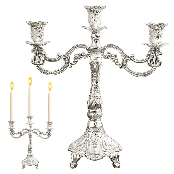 SMKE European Style 3 Candle Silver Candlestick with Carved Design for Wedding Table Home Decor,Ornate Metal Candle Holder for Dining Mantel Display