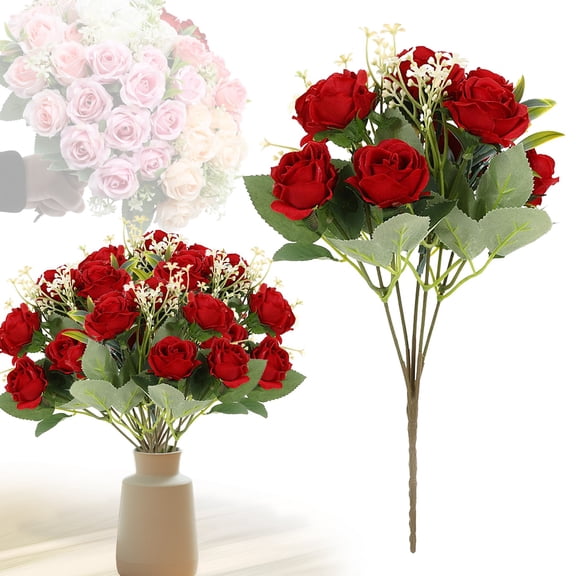 SMKE Fake Rose Flowers,Fake Red OSS Rose Spray,Weatherproof Realistic Bloom for Patio Planters Pots,5-Head Artificial OSS Rose Bunch,Red Faux Flower for Outdoor Garden Autumn Porch Decor