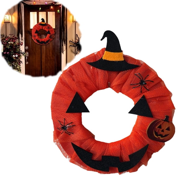 SMKE Fall Pumpkin Wreath for Front Door,Rustic Harvest Wreath with Witch Hat Jack-O'-Lantern,Farmhouse Halloween Porch Yard Decor,Pumpkin Harvest Wreath Rustic Wreath Fall Decor,Orange 12.2in