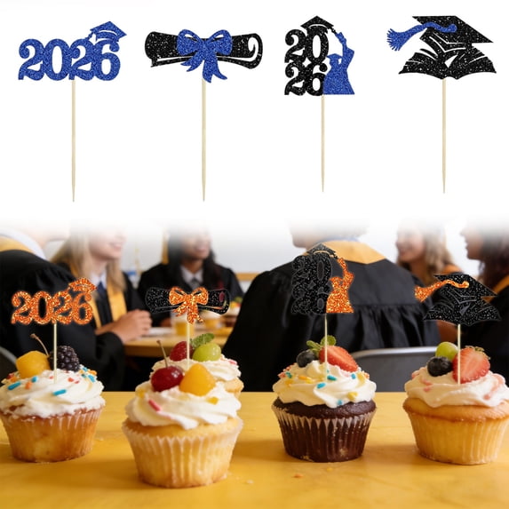 SMKE Grad Cupcake Topper,Class Of 2026 Food Decor,Graduation Party Cupcake Set,Grad Celebration Pick,24-Pack Glitter Graduation Cupcake Topper,Blue 2x4-In Diploma & Cap Picks for Commencement Party