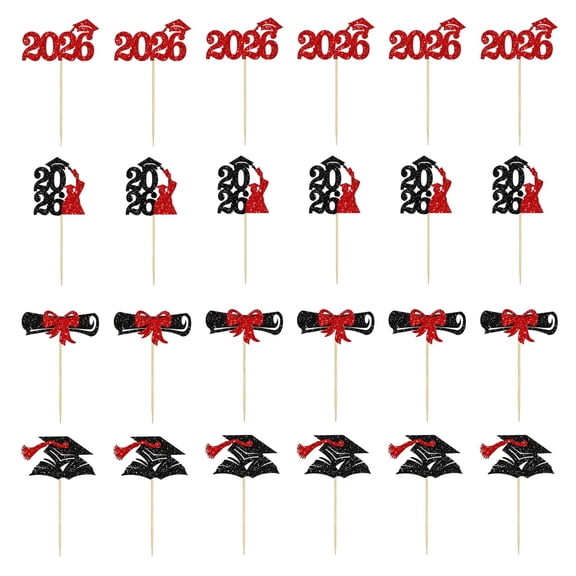 SMKE Grad Theme Cupcake Toppers,Graduation Centerpiece Picks,Class Of 2026 Cupcake Supply,72-Pack Glitter Graduation Cupcake Toppers,Red 2x4-Inch Diploma & Cap Picks (3-Pack) for Commencement Party
