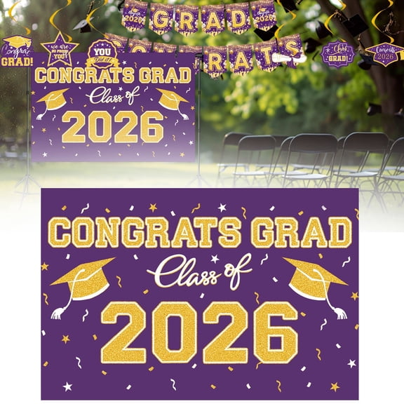 SMKE Graduation Backdrop Banner,Grad Cake Table Backdrop,Graduation Party Ceremony Backdrop,Graduation Party Kit,Purple & Gold Graduation Backdrop,59x39in Fabric Banner for Photo Booth,Party Decor
