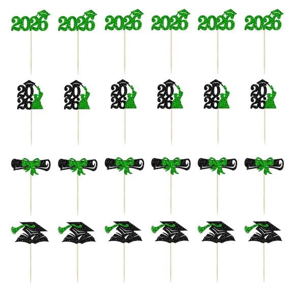 SMKE Graduation Food Picks,Graduation Cake Picks Set,Grad Ceremony Cupcake Toppers,2026 Grad Toppers,24-Pack Glitter Graduation Cupcake Toppers,Green 2x4-In Diploma & Cap Picks for Commencement Party