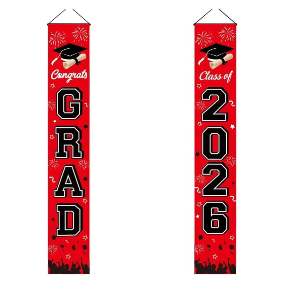 SMKE Graduation Porch Sign,Easy Install Grad Welcome Banner,Grad Party Welcome Banner,Graduation Porch Banner Set of 2,Red "Congrats Grad" & "Class of 2026",Pre-Assembled Door Hanging Decor 70x11.8"