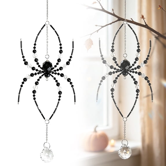 SMKE Halloween Spider Wind Chime,Acrylic Suncatcher Hanging Ornament,Gothic Art Window Hanging,Shimmering Bead Prism Decor,Hand Woven Spider Ornament,Backyard Hanging Ornament,Festive Hanging Pendant