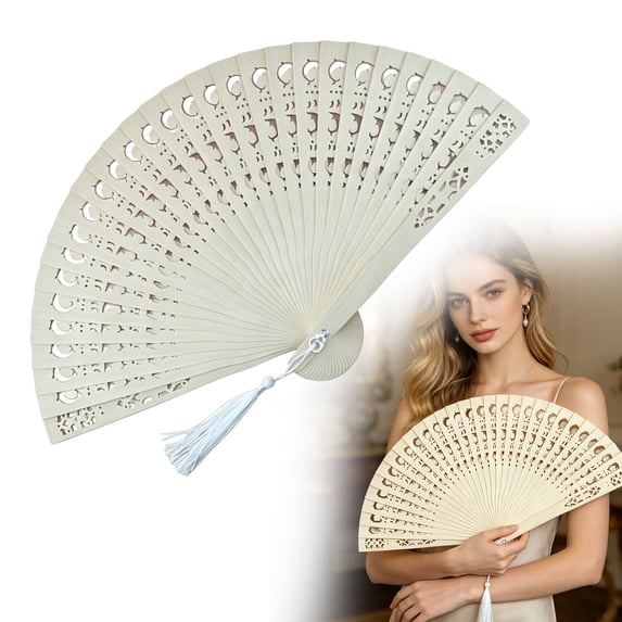 SMKE Hollow Carved Wood Hand Fan With Tassel And Organza Storage Pouch As Portable Folding Fan For Wedding Guests Party Favors And Summer Cooling Accessories