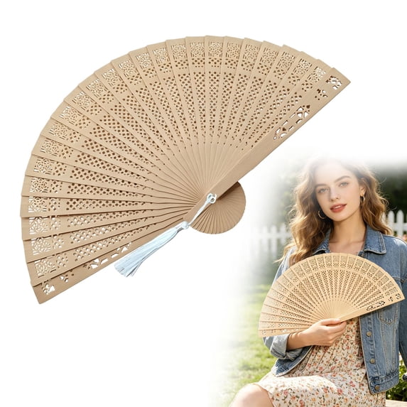 SMKE Natural Wood Folding Fan With Exquisite Openwork Carving And Tassel As Decorative Handheld Fan For Wedding Events Home Decor And Diy Craft Projects