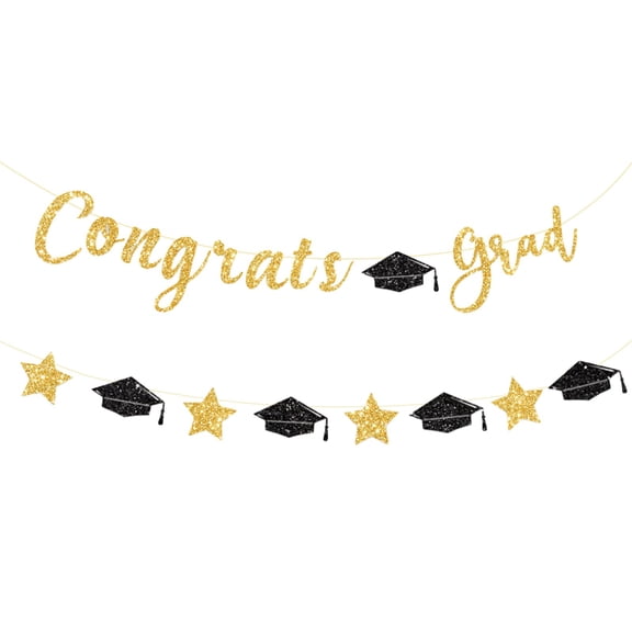 SMKE New Job Party Banner,Class Reunion Garland,Cloth Banner Set,Family Event Garland,Glittering Graduation Hanging Ornament Set,Gold 3m Pre-Strung Cap&Congrats Banner for Class of 2026 School Party