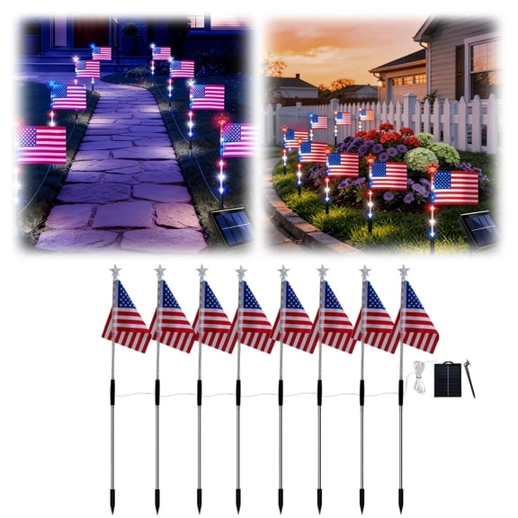 SMKE Patriotic Garden Stake,8Pc American Flag Solar Stake Lights,Red White Blue Ground Flag Poles,Led Solar Landscape Light,Memorial Day National Day Decoration,Garden Landscape Pathway Lighting