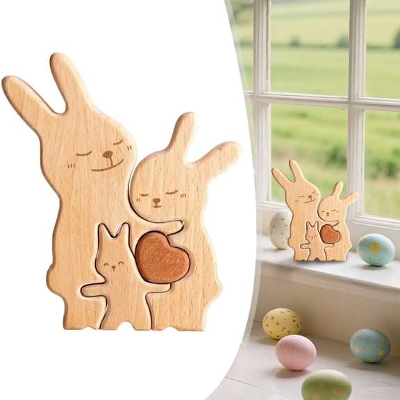 SMKE Personalized Name Displays,Birthday Family Keepsake Puzzles,Rustic Family Decor,Wooden Bunny Family Puzzle Set of 3,Natural Solid Wood Rabbit Figurines,Spring Home Decor,Easter Tabletop Ornament