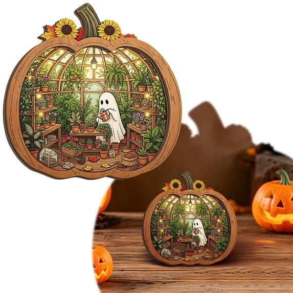 SMKE Pumpkin Greenhouse Wooden Halloween Table Decor 7.87 Inch with Gardening Scene Print, Wall Hanging Plaque for Fall Thanksgiving Home Shelf Ornament