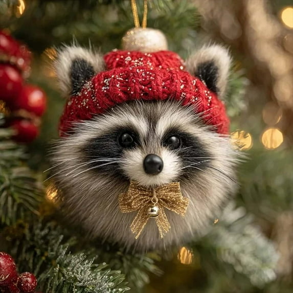 SMKE Red Hat Animal Ornament,Cute Raccoon Acrylic Pendant for Holiday Tree Winter Decor,Cozy Acrylic Raccoon Christmas Ornament,7.7cm Festive Animal Hanging Decor for Tree