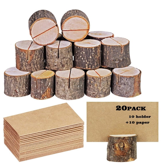 SMKE Rustic Wooden Card Holder Set 10 Stakes 10 Wood Cards 2x2 inch Base Wedding Place Names Photos Memos Natural Wood Clip Stand DIY Display Mini Easel