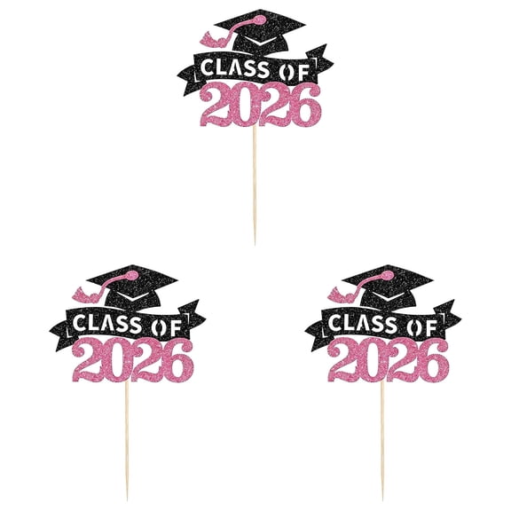 SMKE Senior Grad Cake Decor,Grad Cake Celebration Decor,Class Of 2026 Cake Party Props,Grad Cake Accent,3-Pack Glitter Class of 2026 Graduation Cake Topper,Pink 5.5x4.1-Inch Grad Cap & Banner Pick