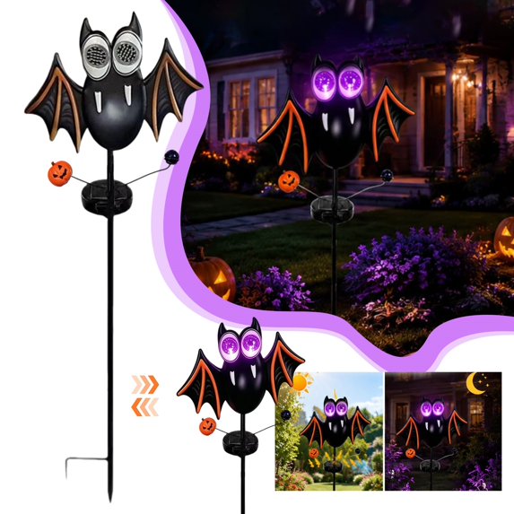 SMKE Solar Halloween Bat Garden Stake Light,Outdoor LED Metal Yard Decoration with Moon Hanging Bat Design for Patio Walkway Pathway Garden