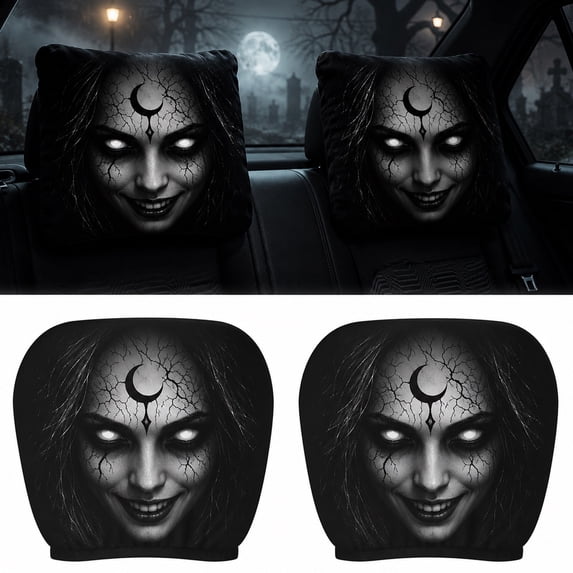 SMKE Spooky Car Headrest Covers Scary Ghost Print Headrest Covers for Cars,Halloween Vehicle Seat Headrest Protector,Elastic Washable Polyester Auto Headrest Cover for Sedan SUV 2pc Black