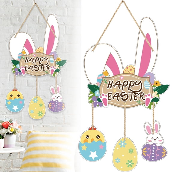 SMKE Spring Holiday Plaque,Spring Entrance Decor,Easter Garden Art,Spring Decor Craft,Easter Openwork Wooden Door Hanging Sign Bunny Egg Wreath 15.4x9.9in for Door Wall Indoor Outdoor Spring Decor