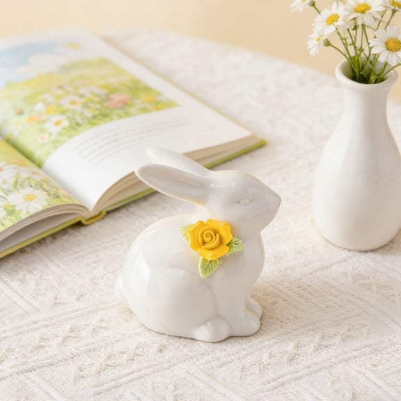 SMKE Spring Rabbit Ornament,White Bunny With Yellow Flower,Sweet Ceramic Bunny Decor For Windowsills & Coffee Tables,Mini Ceramic Rabbit Statue,Easter Spring Decor,Office Desktop Ornament Craft