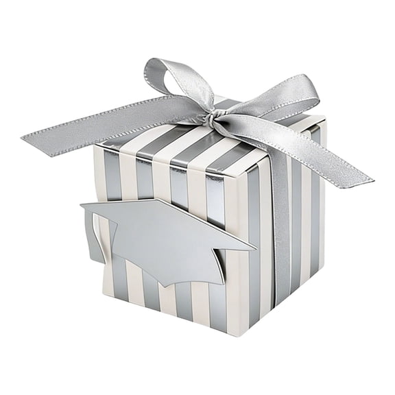 SMKE Tassel Treat Box Set,High School Treat Box,School Party Durable Treat Box,Mini Party Gift Box,Graduation Candy Box 2.2x2.2"Silver Striped Paper,Graduation Cap Style with Ribbon,Party Favor Box