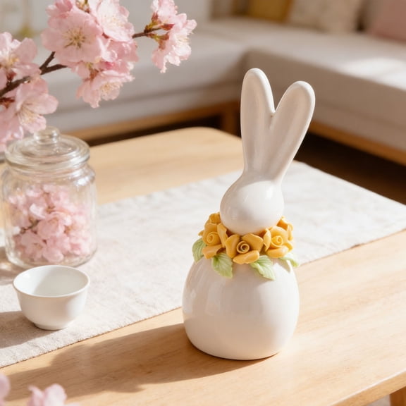 SMKE Tiny Spring Rabbit Statue,White Bunny With Yellow Flower,Sweet Ceramic Bunny Decor With Artisanal Handcrafted Detail,Mini Porcelain Rabbit Figurines,Easter Decor,Tabletop Centerpiece Home Accent