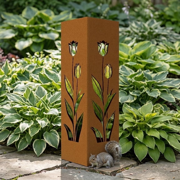 SMKE Tulip Pattern Garden Columns,Rust Steel Statue,Metal Garden Outdoor Yard Sculpture,Lawn Porch Backyard Patio Decor,Pre-Rusted Mild Steel,Garden Statue Well Cover,Garden Statue Well Cover