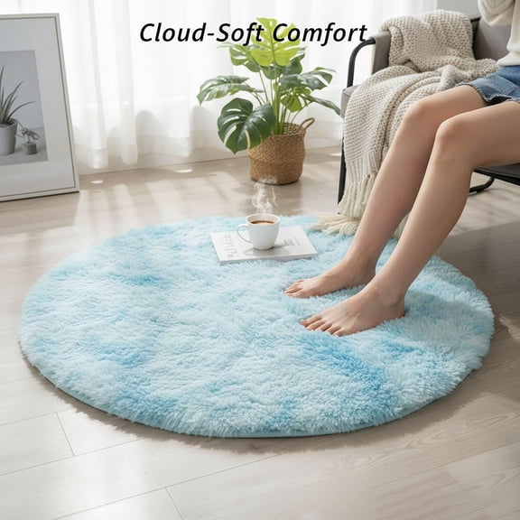 SMKE Ultra Soft Fluffy Shaggy Area Rug,Blue 15.75" Soft Round Mat Reading Corner Decor Carpet,Non-Slip Ultra Soft Faux Fur Rug,Fluffy Shaggy Area Rug For Bedroom Living Room Decor,Closet Decor