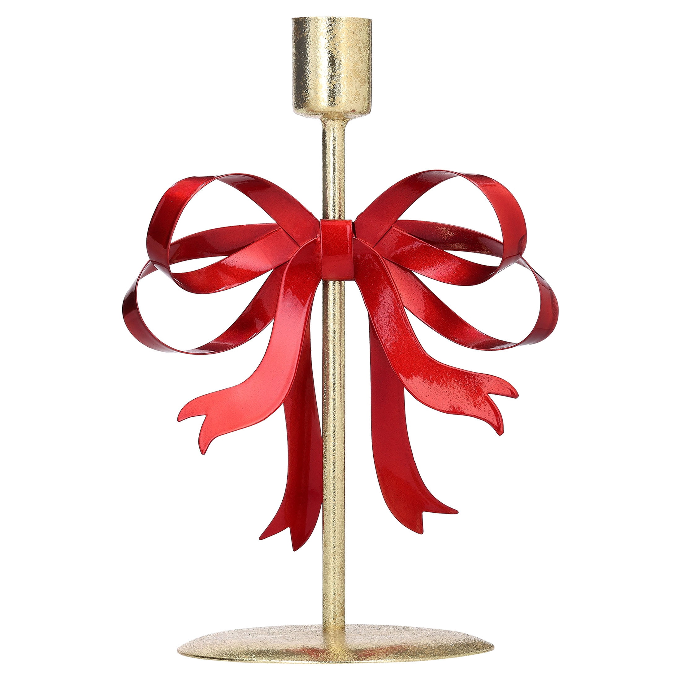 Small Gold and Red Bow Metal Christmas Taper Candle Holder, 7.8", by Holiday Time