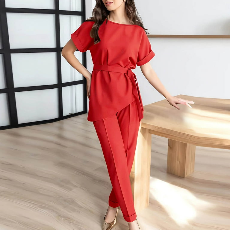 YYAPAYZB Business Casual Pant Suits for Women Dressy Elegant Belted Tunic Blouses with Straight Pants Summer 2 Piece Outfits Walmart
