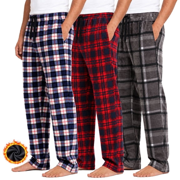 SMNDY 3 Pack Men's Fleece Pajama Pants Soft Plaid Sleep Pants for Men Warm Lounge Pajama Bottoms with Pockets Elastic Waist & Drawstring Sleepwear