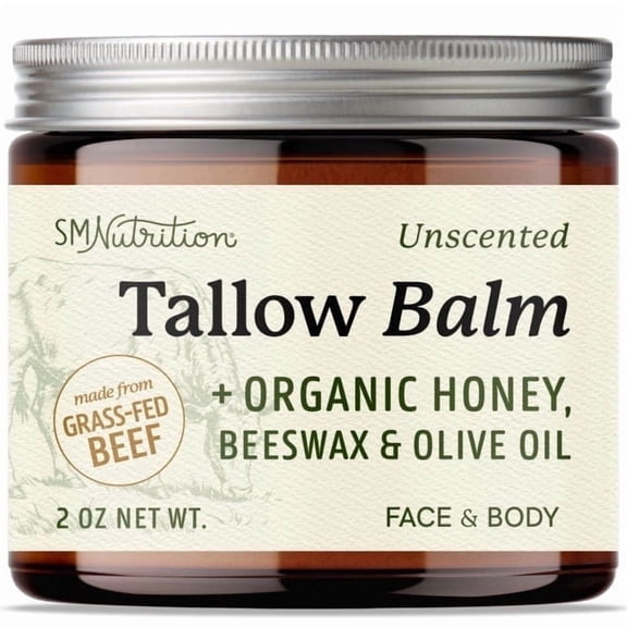 SMNutrition Beef Tallow Honey Balm | Face & Body | With Organic Honey, Beeswax & Olive Oil | Face Moisturizer & Body Balm | Grass Fed Beef Tallow Paraben, BPA & Cruelty-Free | Unscented, 2 oz