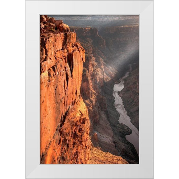 SMO 11x14 White Modern Wood Framed Museum Art Print Titled - A lone ray of light filters through the clouds at sunrise at Toroweap Overlook in the grand canyon