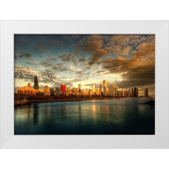 SMO 14x11 White Modern Wood Framed Museum Art Print Titled - Chicago skyline over lake Michigan as sunrise enters a new day