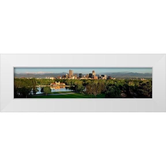 SMO 14x6 White Modern Wood Framed Museum Art Print Titled - Denver skyline glistens in front of the Rocky Mountains