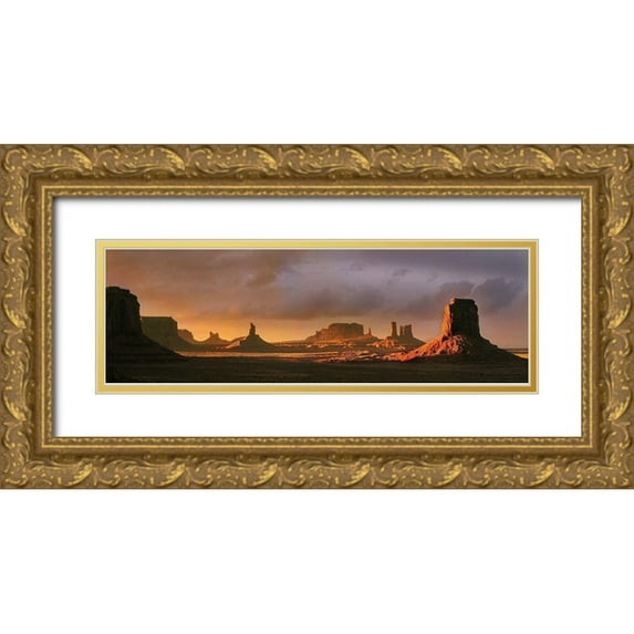 SMO 14x7 Gold Ornate Wood Framed with Double Matting Museum Art Print Titled - Last light bathes Monument Valley in deep oranges and lavenders on the Arizona-Utah border