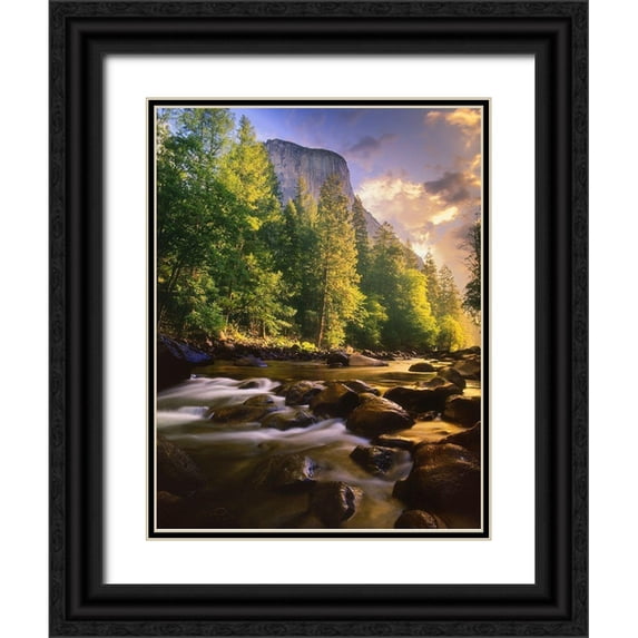 SMO 19x24 Black Ornate Wood Framed with Double Matting Museum Art Print Titled - Merced River flows through Yosemite National Park in California