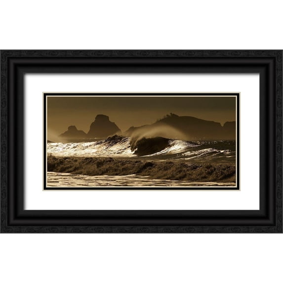 SMO 24x14 Black Ornate Wood Framed with Double Matting Museum Art Print Titled - Crashing waves in the Pacific Ocean off northern California