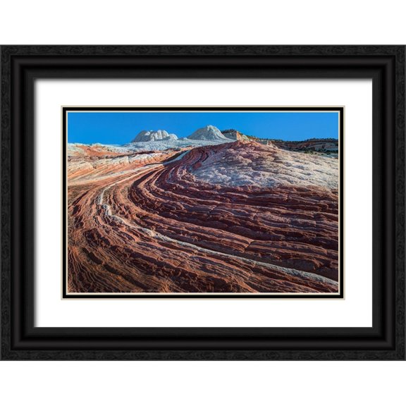 SMO 24x17 Black Ornate Wood Framed with Double Matting Museum Art Print Titled - Swirls of colored sandstone in the white pockets area in northern Arizona