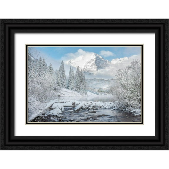 SMO 24x17 Black Ornate Wood Framed with Double Matting Museum Art Print Titled - Winter comes to the maroon bells near Aspen Colorado in the Rocky Mountains