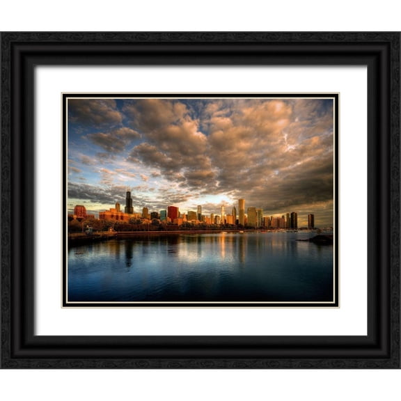 SMO 24x19 Black Ornate Wood Framed with Double Matting Museum Art Print Titled - Chicago skyline shimmers at sunrise over lake Michigan
