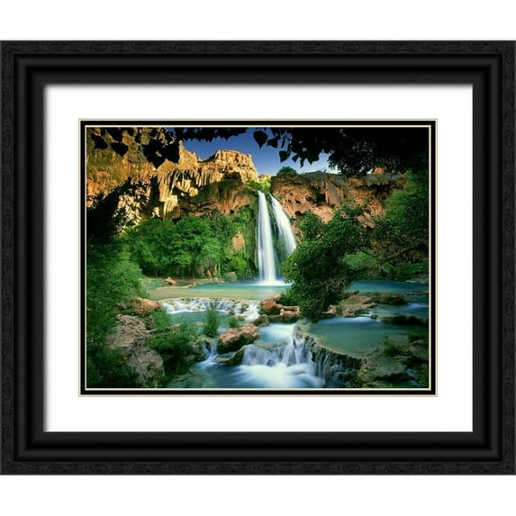 SMO 24x19 Black Ornate Wood Framed with Double Matting Museum Art Print Titled - Havasu Falls at the bottom of the Grand Canyon in Arizona