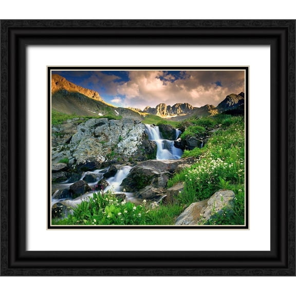 SMO 24x20 Black Ornate Wood Framed with Double Matting Museum Art Print Titled - A spring cascade with white wildflowers in American Basin in the Colorado Rocky Mountains