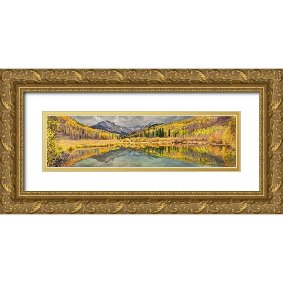 SMO 24x9 Gold Ornate Wood Framed with Double Matting Museum Art Print Titled - Mt Snaffles and a sea of gold Aspen trees reflects in a large pond in autumn