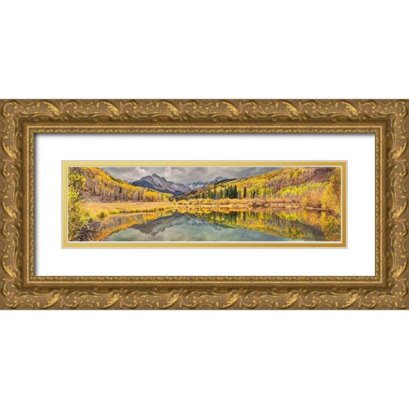 SMO 24x9 Gold Ornate Wood Framed with Double Matting Museum Art Print Titled - Mt Snaffles and a sea of gold Aspen trees reflects in a large pond in autumn